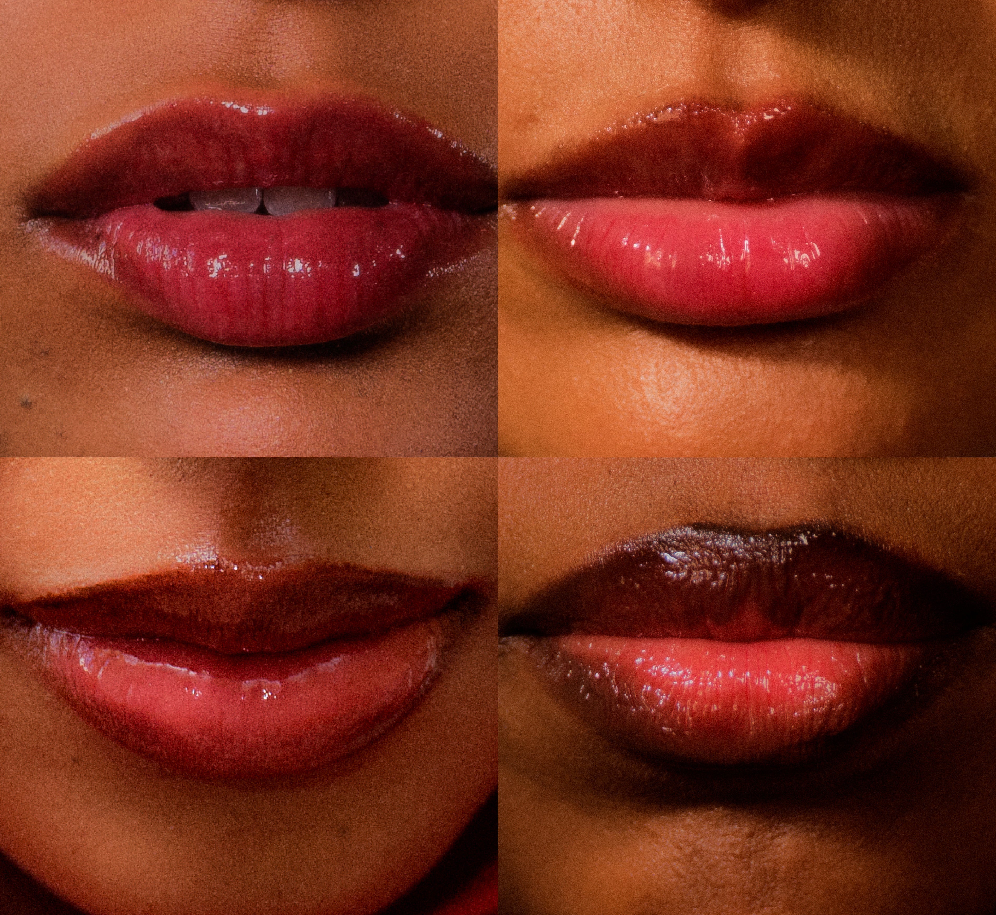 Moisturizing lip balm Pomegranate shade from Topicals Slick Salve shown swatched on four different skin tones ranging from medium to deep, displaying the sheer cherry-red finish.