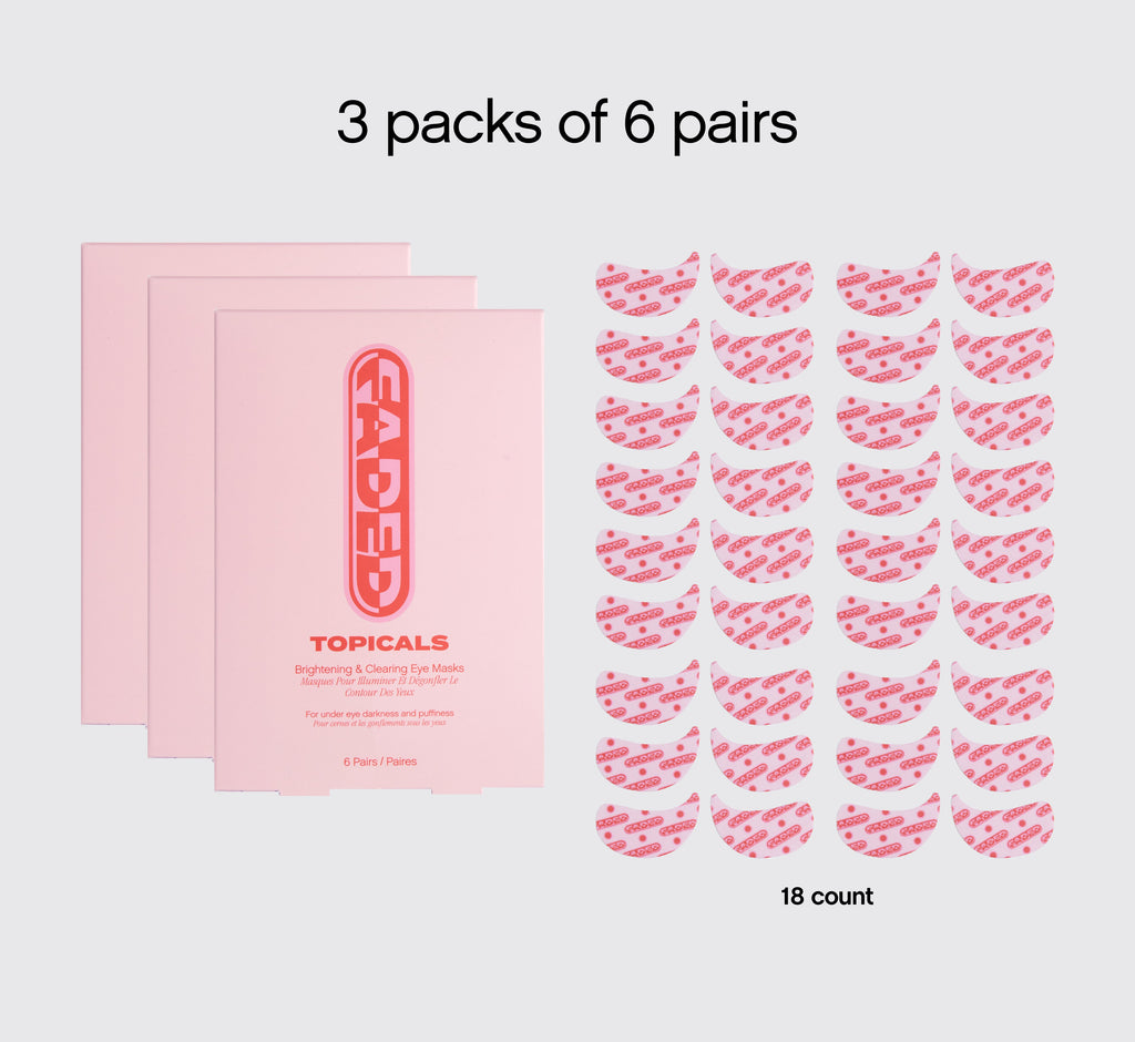 Topicals Faded Brightening & Clearing Eye Masks bundle showing three pink boxes alongside 18 individual brightening under eye patches for dark circles and puffiness.