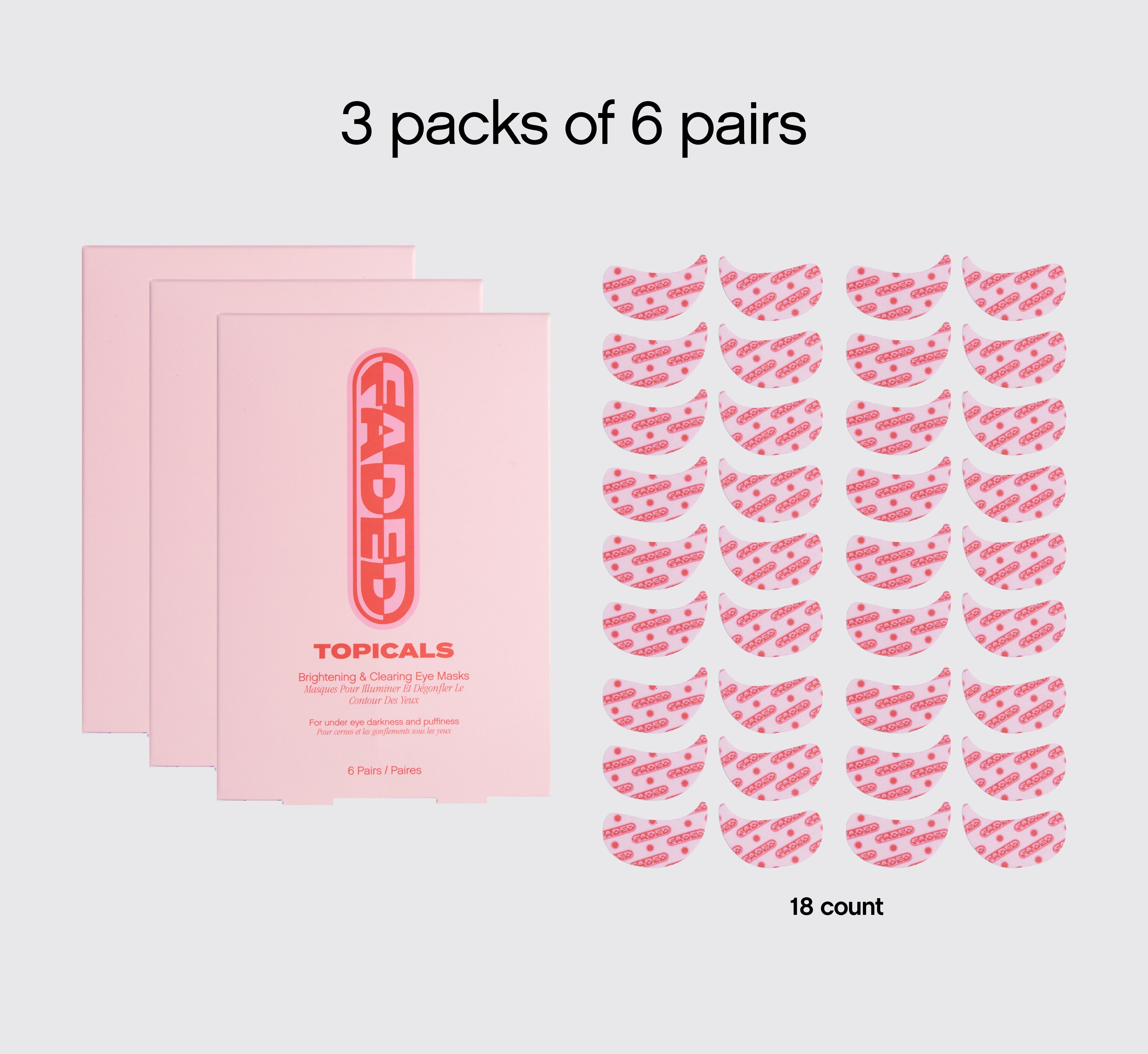 Topicals Faded Brightening & Clearing Eye Masks bundle showing three pink boxes alongside 18 individual brightening under eye patches for dark circles and puffiness.
